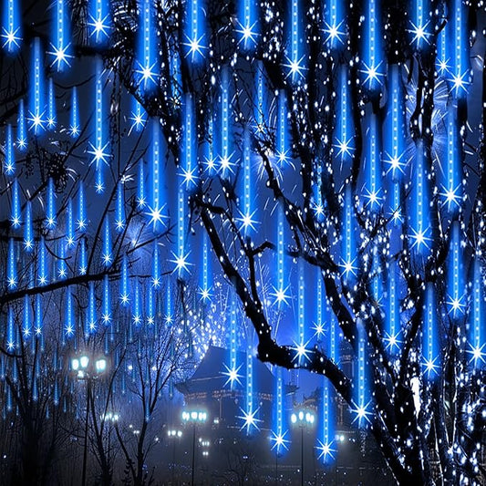 Blue LED meteor shower string lights with icicle drops for outdoor trees