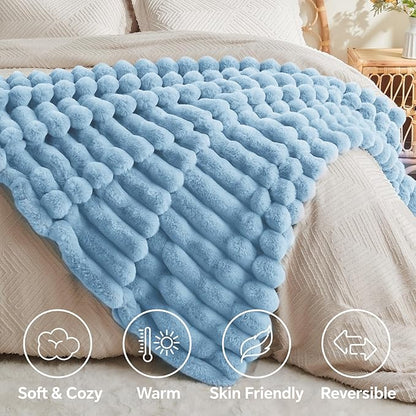 Light Blue Faux Rabbit Fur Throw Blanket – 60"x80" | 770GSM Double-Sided Luxury Fluffy Blanket | All Seasons | 3D Striped Plush Throw for Two