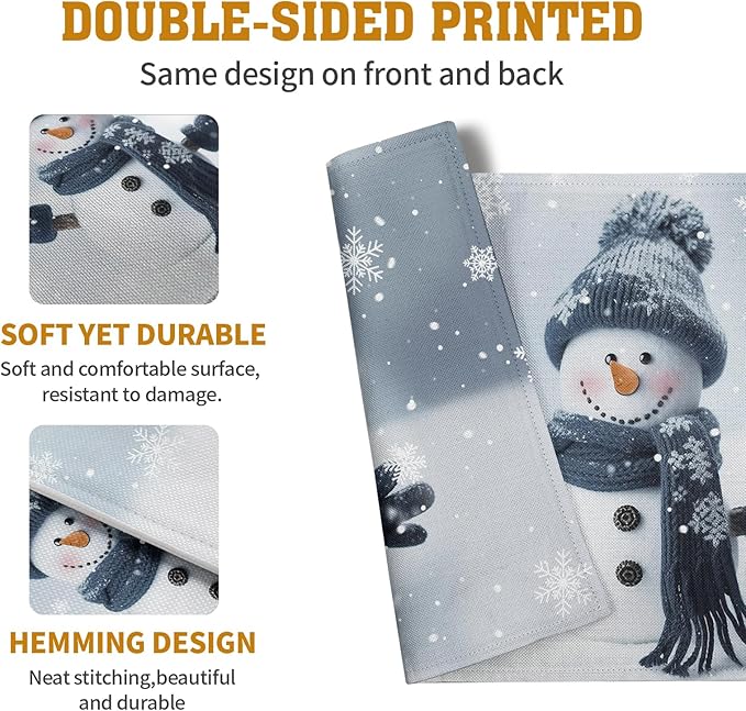 Blue snowman placemat with double-sided printed design, snowflake and snowman motif