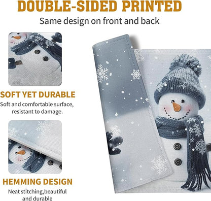 Blue snowman placemat with double-sided printed design, snowflake and snowman motif