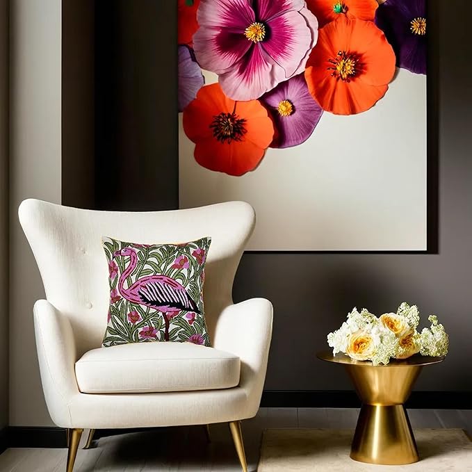 Flamingo floral embroidered pillow cover, pink bird design on cream background