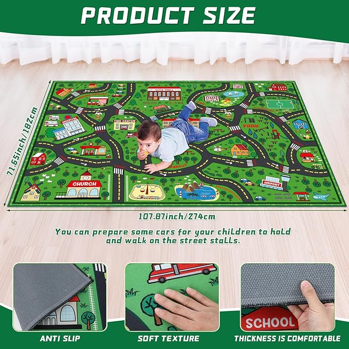 Green city traffic playmat rug showing a full road map layout with streets and buildings