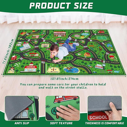 Green city traffic playmat rug showing a full road map layout with streets and buildings