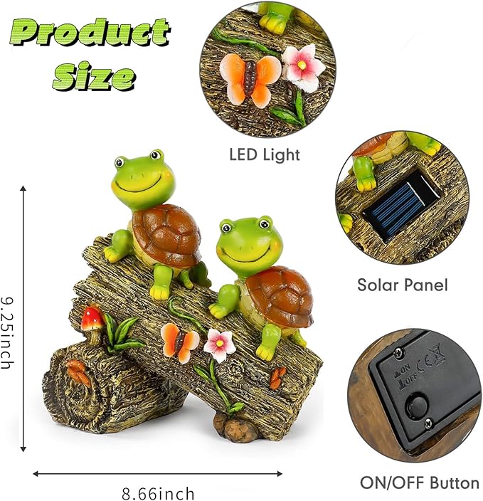 Solar Turtle Garden Statue with 4 LED Lights - Resin Outdoor Decor with Frog Face Design