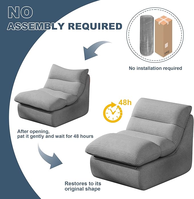 Silver Gray Corduroy Ergonomic Floor Lounge Chair - Structured Memory Foam Seat with Lumbar Support for Scandi Interiors, Nursery, and Reading Nook