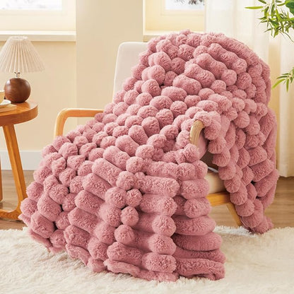 Pink Faux Rabbit Fur Throw Blanket – 60"x80" | 770GSM Double-Sided Luxury Fluffy Blanket | 3D Striped Plush Throw for Two