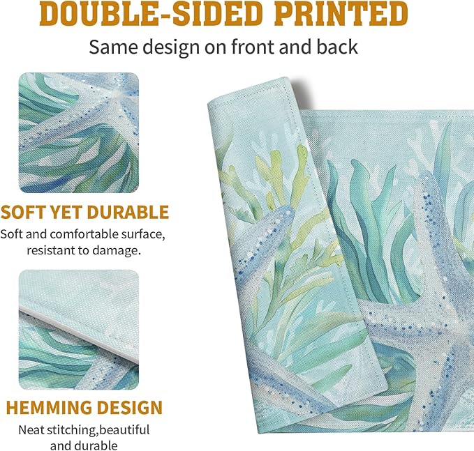 Double-sided teal blue placemats with starfish and seaweed print, soft fabric look