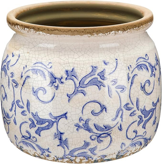 Blue-and-white ceramic floral planter with crackle glaze, round opening