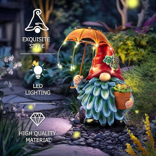 Garden gnome statue holding orange umbrella with solar LED strings, red outfit and green bouquet.