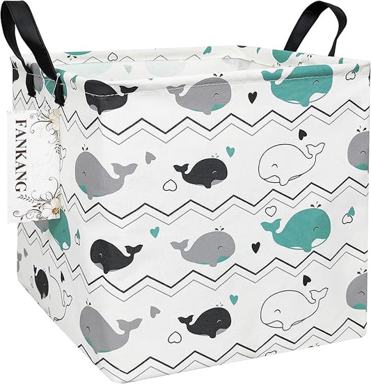 Whale Canvas Storage Hamper Basket - Foldable Waterproof Ocean Nursery Bin for Baby Gifts, Toy Storage, and Hamper Building