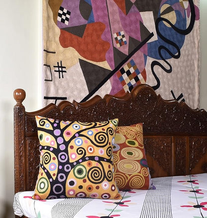18x18 pillow cover with multicolor abstract swirl and dot pattern on yellow