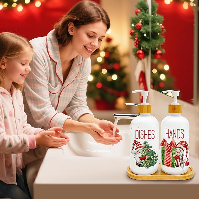 Set of 2 holiday soap dispensers with pumps on wooden tray, DISHES and HANDS labels