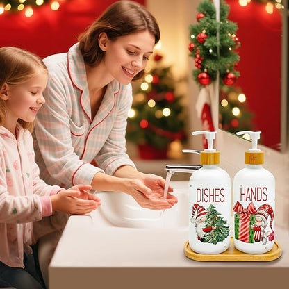 Set of 2 holiday soap dispensers with pumps on wooden tray, DISHES and HANDS labels