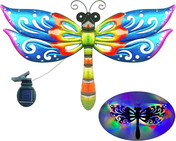 Colorful metal dragonfly wall art with multicolor LED lights and solar base clip