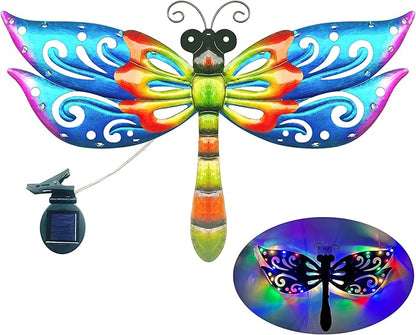 Colorful metal dragonfly wall art with multicolor LED lights and solar base clip