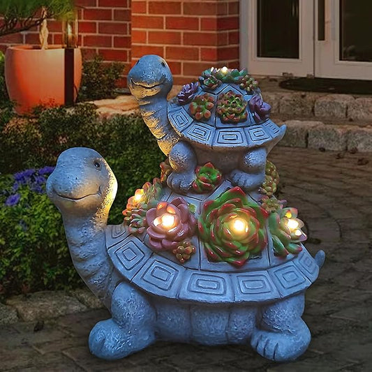 Mother and Baby Turtle Solar Garden Light - Hand-Painted Resin Figurine with 6 Warm White LEDs for Garden, Lawn, Patio, and Balcony
