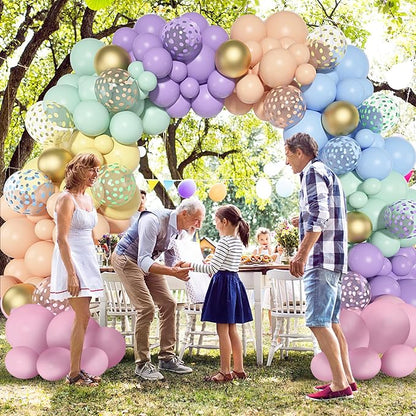 Pastel balloon arch garland with gold accents and confetti-pattern balloons in a large arch shape