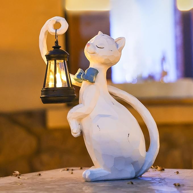 Pearly Paw Cat Solar Garden Light - LED Resin Statue for Indoor and Outdoor Decor