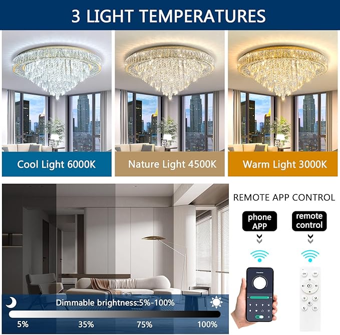 Round crystal ceiling chandelier with layered crystal strands for dimmable light