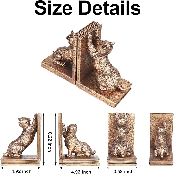 Antique gold cat resin bookends pair, showing front and side angles