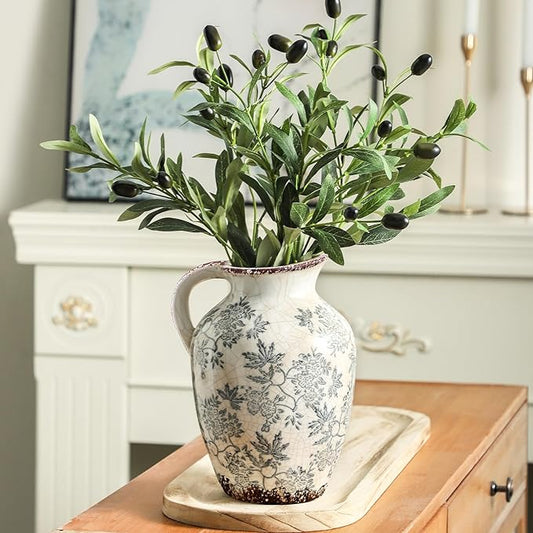 Blue and white chinoiserie ceramic vase with double handles, flared rim, floral pattern