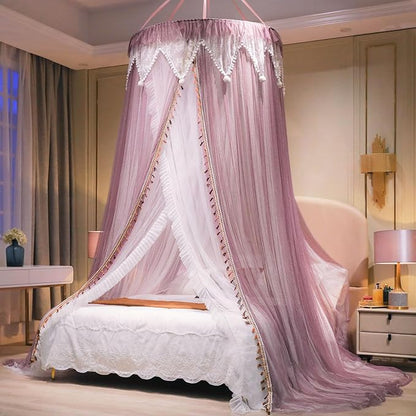 Princess Bed Canopy with Star String Lights – Double-Layer Round Lace | Fits All Bed Sizes | Girls & Adults Fairy Tale Bedroom Canopy
