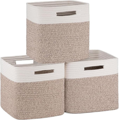 Woven Cotton Rope Cube Storage Baskets Set of 3 - Natural Two-Tone Organizer Bins for Shelves, Closets, and Nurseries