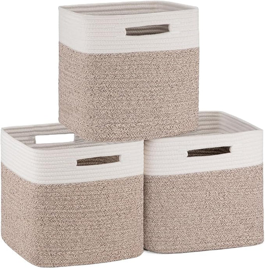 Woven Cotton Rope Cube Storage Baskets Set of 3 - Natural Two-Tone Organizer Bins for Shelves, Closets, and Nurseries