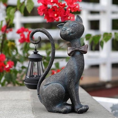 Bronze Solar Cat Garden Statue with Lantern Tail - Resin Outdoor Decor