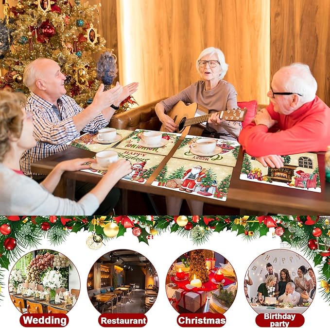 Christmas plastic placemats on dining table, featuring Santa and tree scenes