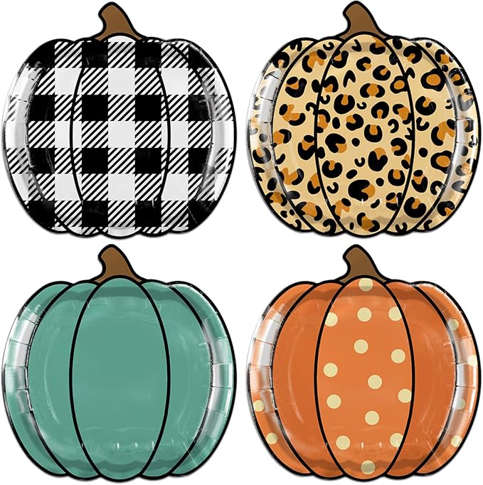 Pumpkin-shaped paper party plates, orange polka, leopard print, teal, and black plaid