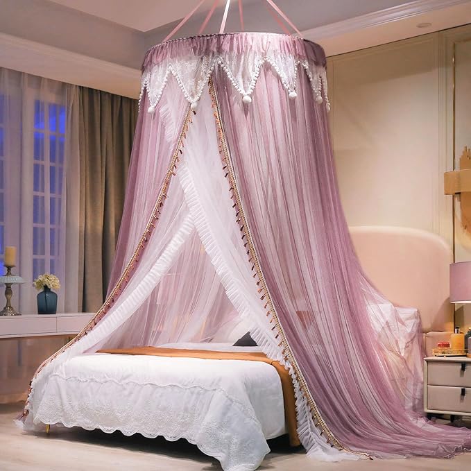 Princess Bed Canopy with Star String Lights – Double-Layer Round Lace | Fits All Bed Sizes | Girls & Adults Fairy Tale Bedroom Canopy