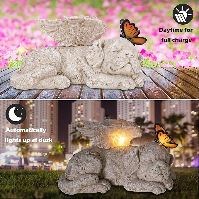 Sleeping Puppy Angel Memorial Statue with Solar Light - Resin Dog Memorial Sculpture with Butterfly for Garden, Lawn, Patio, and Indoor Remembrance