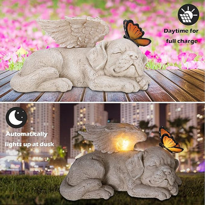 Sleeping Puppy Angel Memorial Statue with Solar Light - Resin Dog Memorial Sculpture with Butterfly for Garden, Lawn, Patio, and Indoor Remembrance