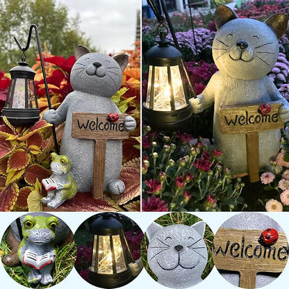 Cat Solar Garden Statue with Lantern and Welcome Sign - IP44 Resin Decor