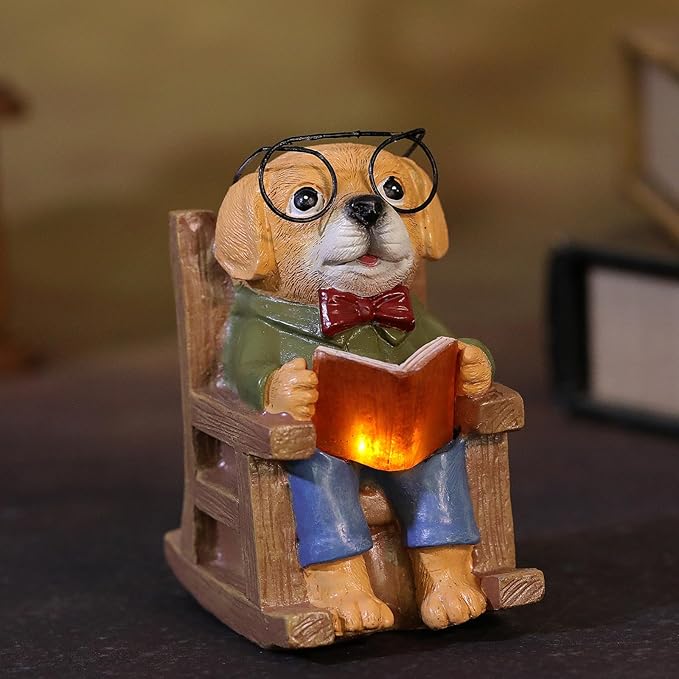 Solar Dog Garden Statue Reading a Book - IP65 Waterproof Resin Outdoor Decor