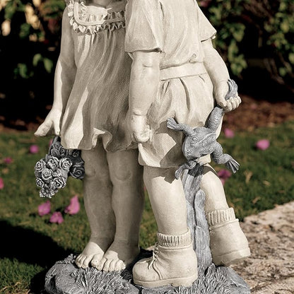 Young Sweethearts Kissing Children Garden Statue - Hand-Cast Crushed Stone Resin Outdoor Sculpture