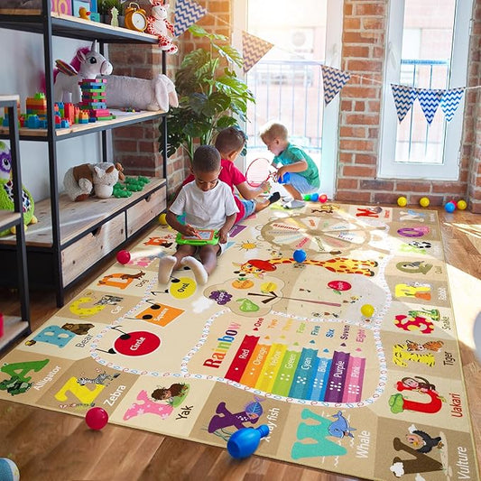 Beige educational play mat featuring animal pictures, alphabet, and shape learning paths.