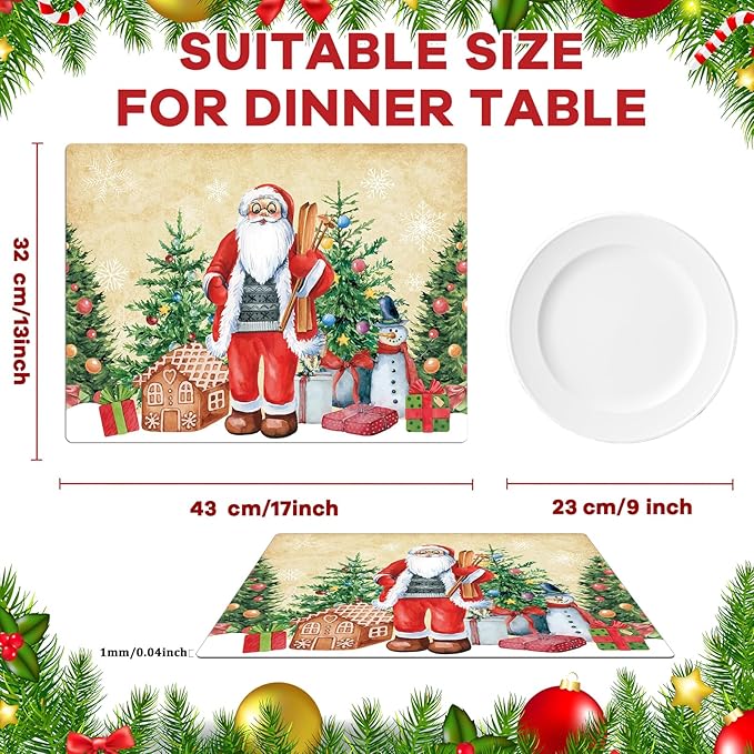 Christmas plastic placemat with Santa and snowman, beige retro holiday illustration print