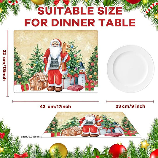 Christmas plastic placemat with Santa and snowman, beige retro holiday illustration print