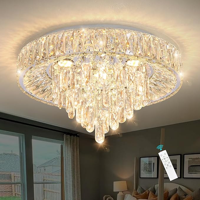 Flush mount crystal chandelier with clear crystal drops and a bright ring of LEDs