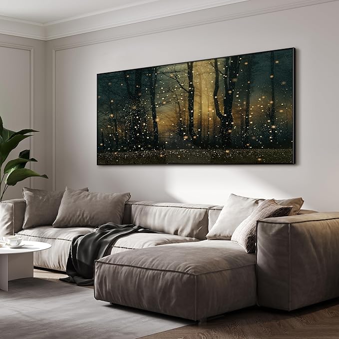 Magical Firefly Forest at Twilight Framed Wall Art – XL 36"x72" Enchanted Nature Scene | Grand Statement Home Decor for Living Room & Bedroom