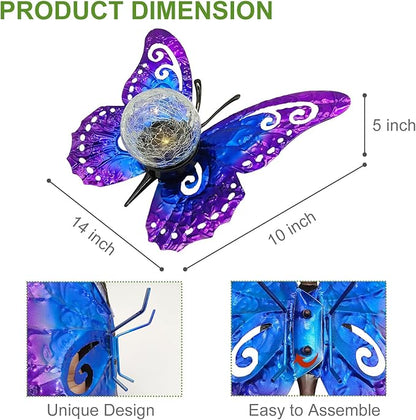 Solar Butterfly Garden Stake Light with Crackle Glass Globe - Metal Outdoor Decor