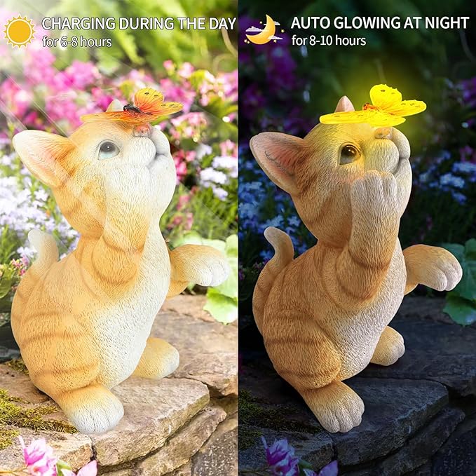 Solar Cat Garden Statue with Butterfly - 10.23-Inch Resin Outdoor Decor
