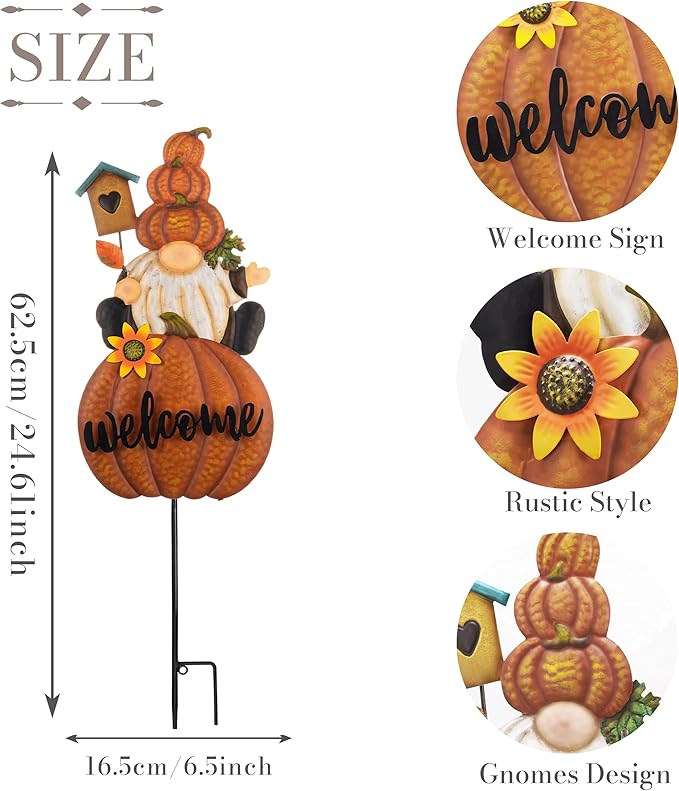 Fall gnome welcome pumpkin sign stake size diagram with height and width measurements