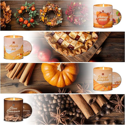 Fall candles set display featuring lit candle tins and apple pie, spiced pumpkin, clove cinnamon, wreath designs