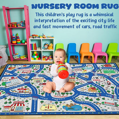 Kids city traffic playmat rug in blue with curved roads, trees, and landmark pictures