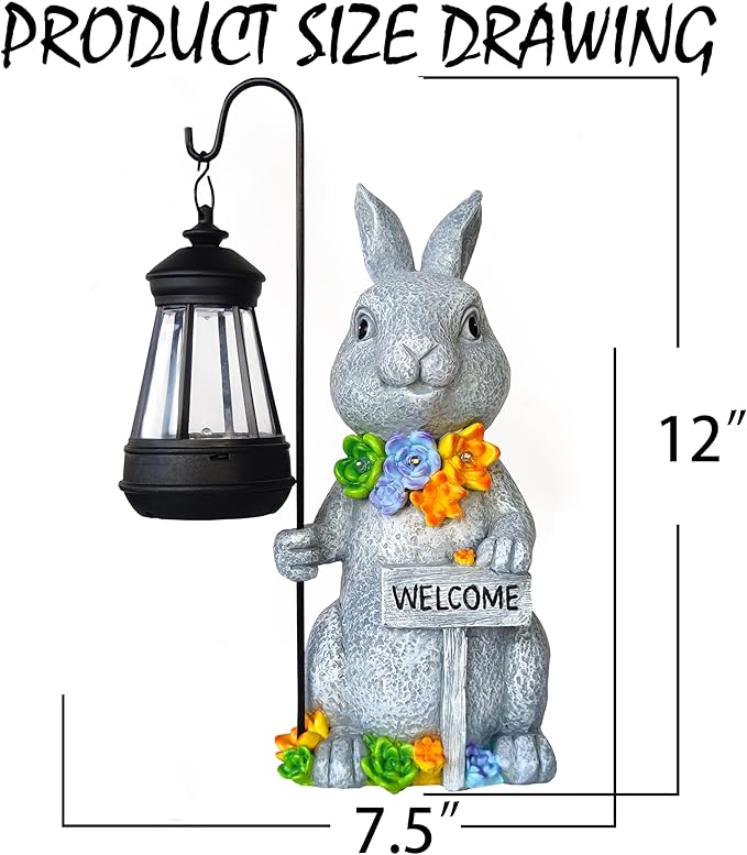Solar Rabbit Garden Statue with Lantern and Welcome Sign - Resin Outdoor Decor