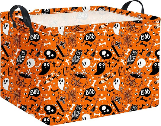 Orange Halloween trick-or-treat basket with handles, ghosts and pumpkins pattern
