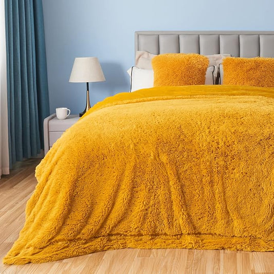 Mustard Yellow Shaggy Faux Fur Queen Blanket – 90"x90" | 1.5" Deep Plush Pile | Bold Boho Throw for Queen Beds, Sofas & Autumnal Interiors